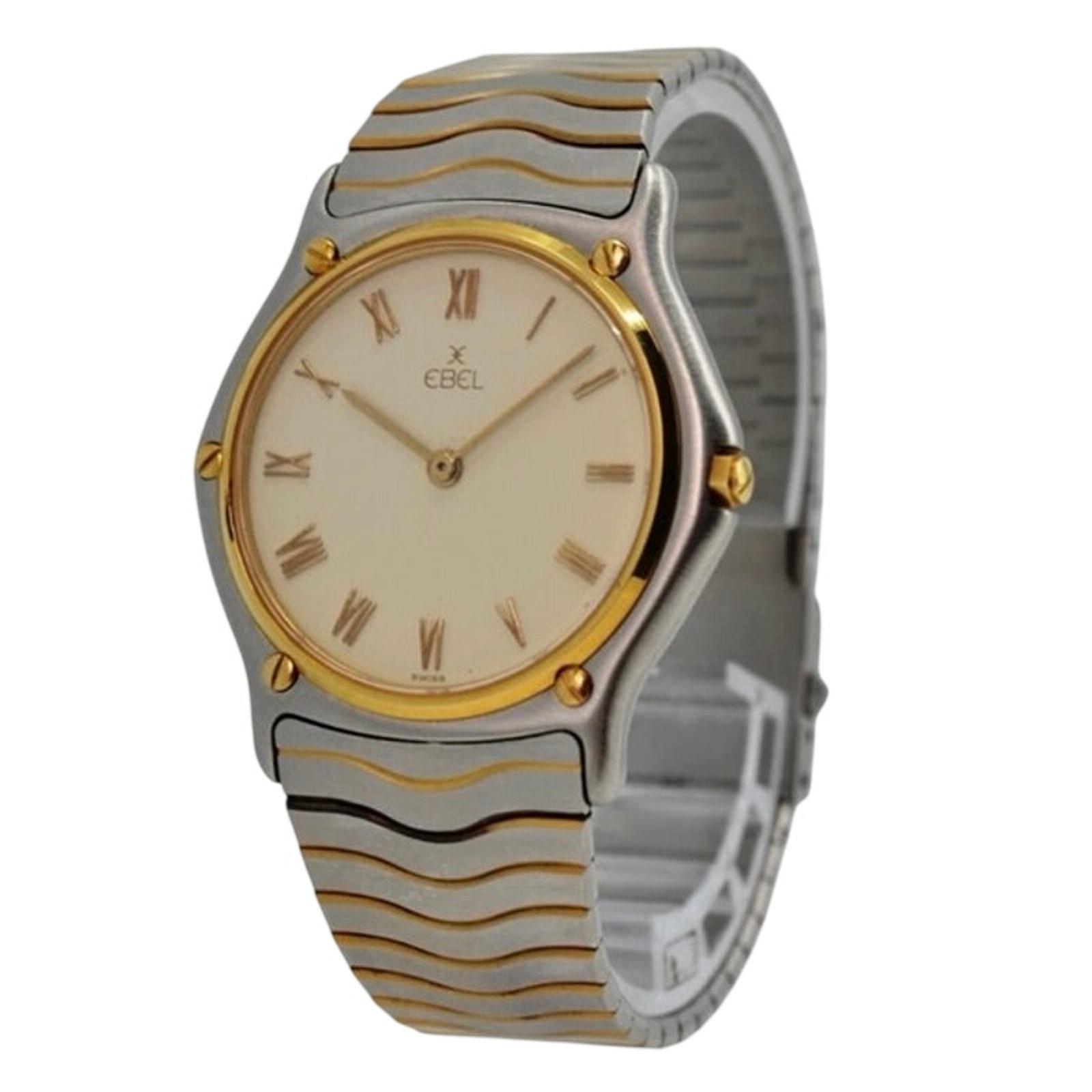 Mens 34mm Ebel Classic Wave Two Tone Beige Dial Swiss Quartz Watch Ref 181909
